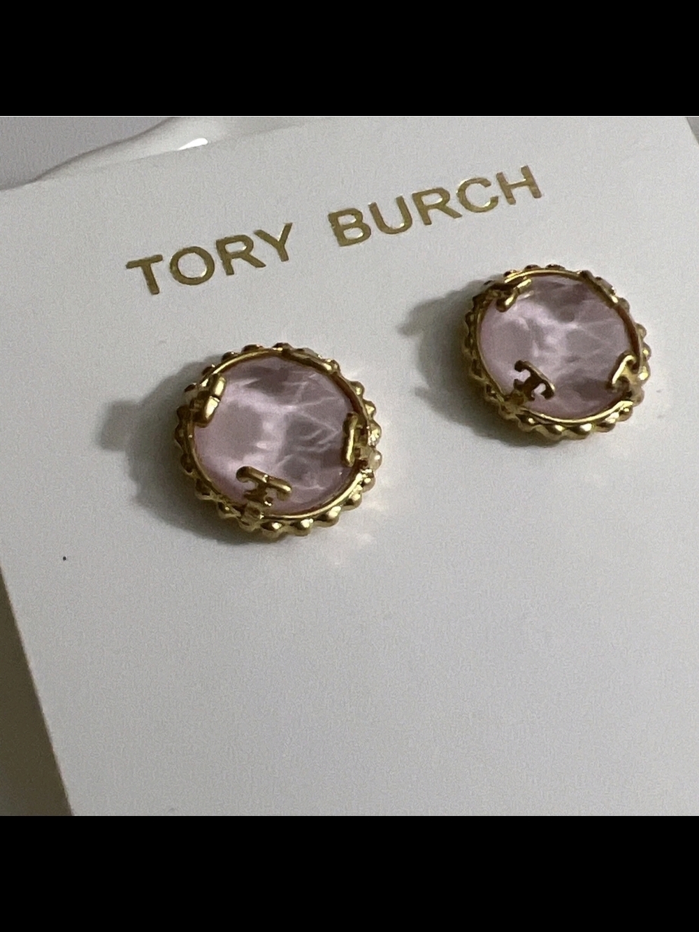 Tory Burch Gold-Tone Stud Earrings with Pale Pink Cabochon